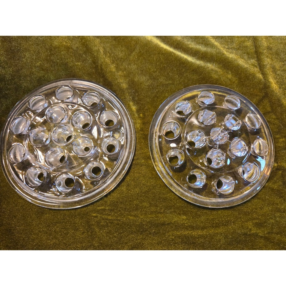 Vintage Clear Glass Flower Frog Set of 2 Round 16 Hole Floral‎ Arrangers 3.5in